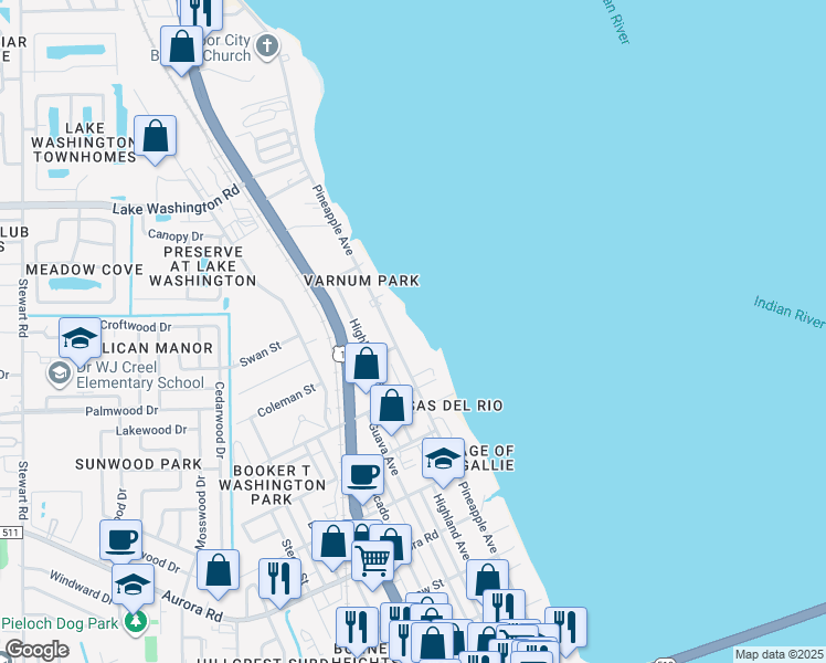 map of restaurants, bars, coffee shops, grocery stores, and more near 2179 Pineapple Avenue in Melbourne
