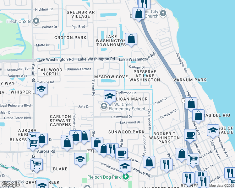 map of restaurants, bars, coffee shops, grocery stores, and more near 1377 Croftwood Drive in Melbourne