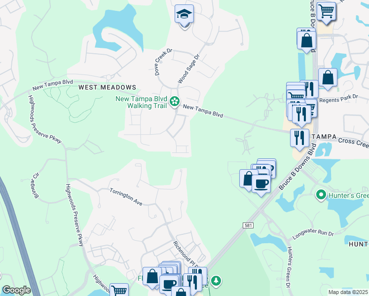 map of restaurants, bars, coffee shops, grocery stores, and more near 18904 Wintergreen Place in Tampa