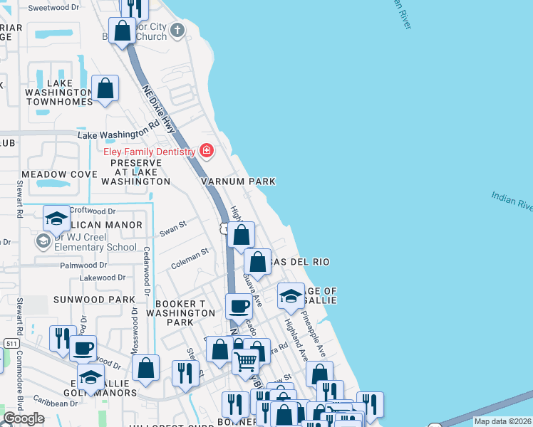 map of restaurants, bars, coffee shops, grocery stores, and more near 2221 Pineapple Avenue in Melbourne