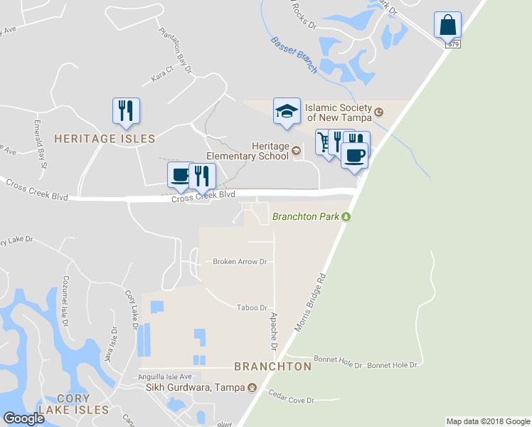 map of restaurants, bars, coffee shops, grocery stores, and more near 18016 Melibee Stone Street in Tampa