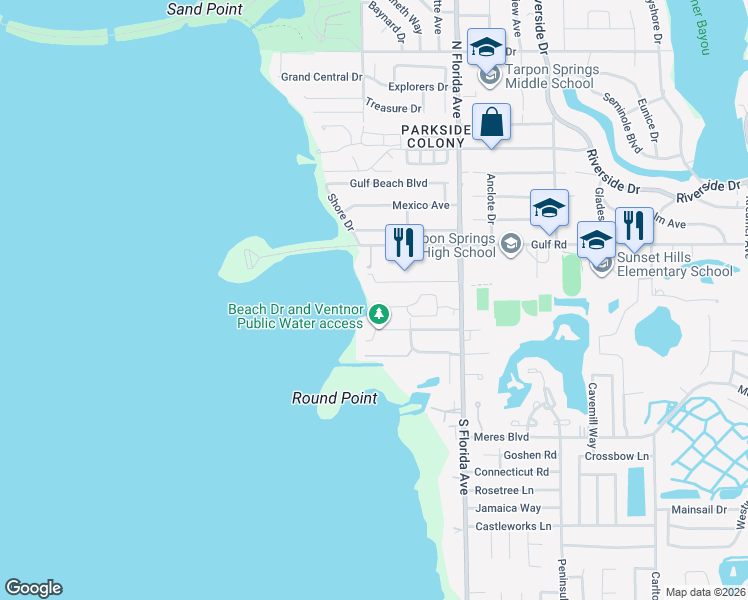 map of restaurants, bars, coffee shops, grocery stores, and more near 250 South Beach Drive in Tarpon Springs