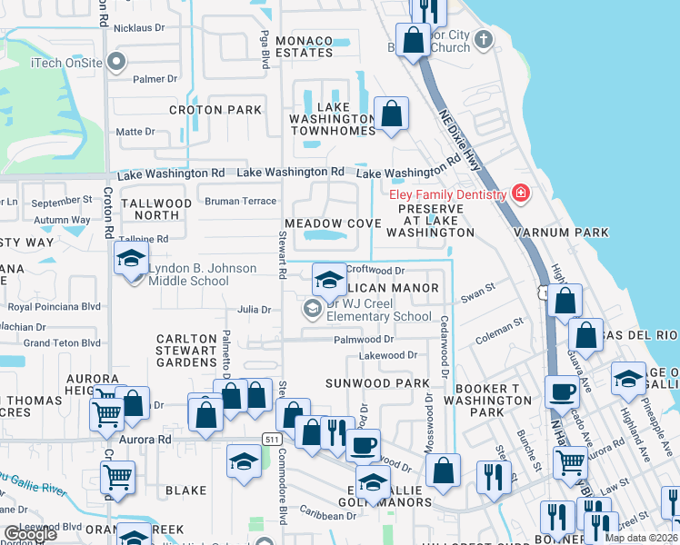map of restaurants, bars, coffee shops, grocery stores, and more near 1444 Croftwood Drive in Melbourne