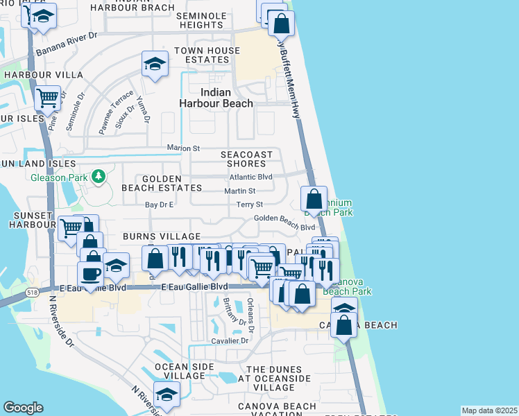 map of restaurants, bars, coffee shops, grocery stores, and more near 125 Terry Street in Satellite Beach