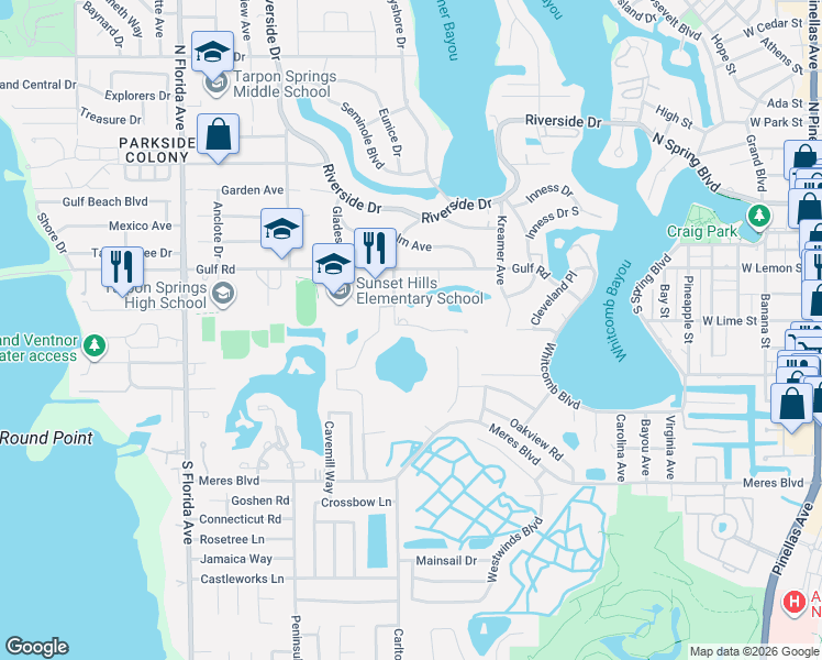 map of restaurants, bars, coffee shops, grocery stores, and more near 1103 Ashland Avenue in Tarpon Springs