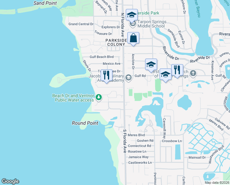 map of restaurants, bars, coffee shops, grocery stores, and more near 300 South Florida Avenue in Tarpon Springs