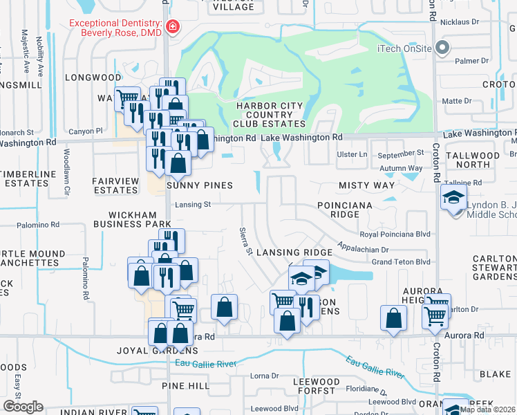 map of restaurants, bars, coffee shops, grocery stores, and more near 2113 Lansing Street in Melbourne