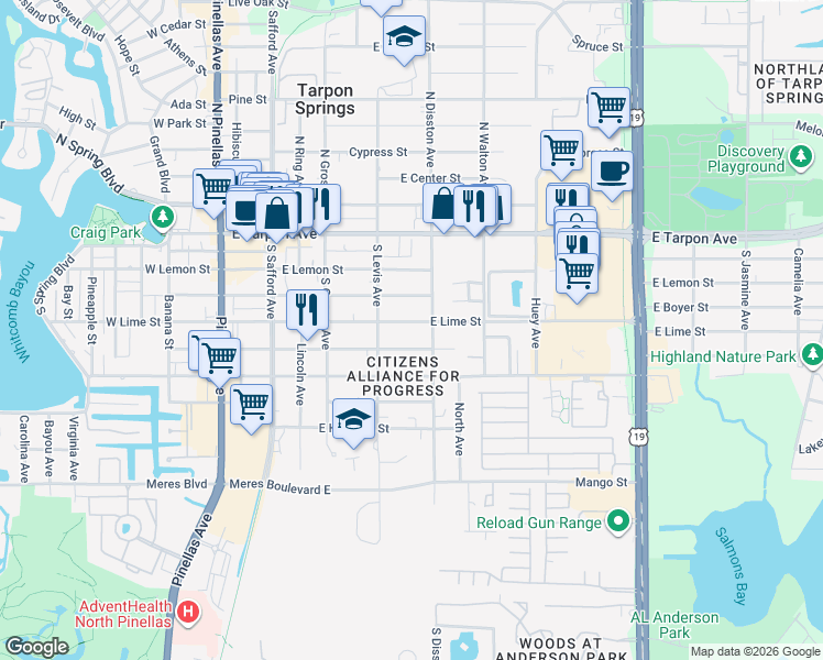 map of restaurants, bars, coffee shops, grocery stores, and more near 524 E Lime St in Tarpon Springs