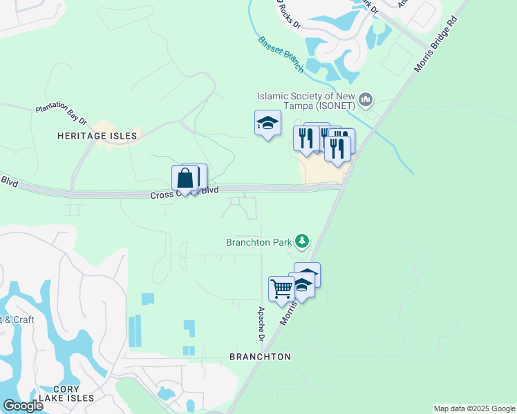map of restaurants, bars, coffee shops, grocery stores, and more near 18019 Melibee Stone Street in Tampa