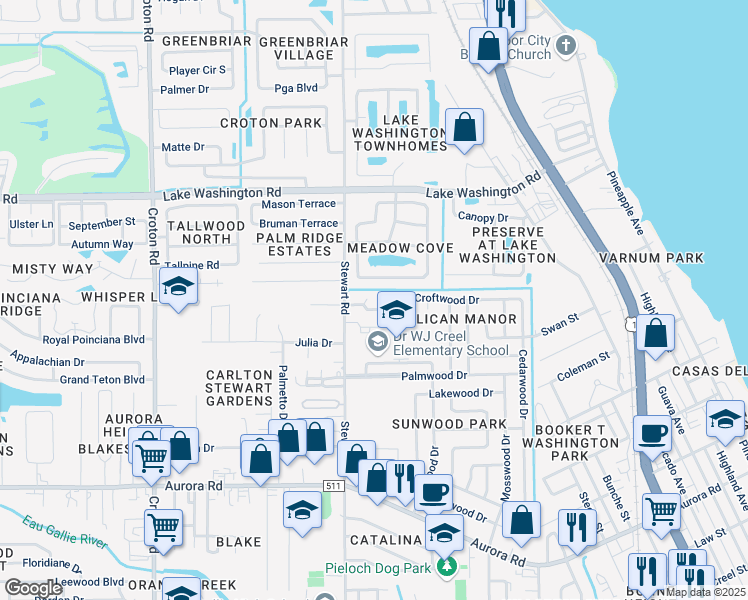 map of restaurants, bars, coffee shops, grocery stores, and more near 1544 Croftwood Drive in Melbourne