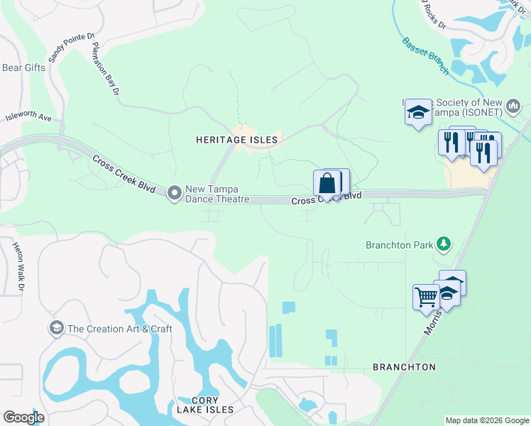 map of restaurants, bars, coffee shops, grocery stores, and more near 10821 Cross Creek Boulevard in Tampa