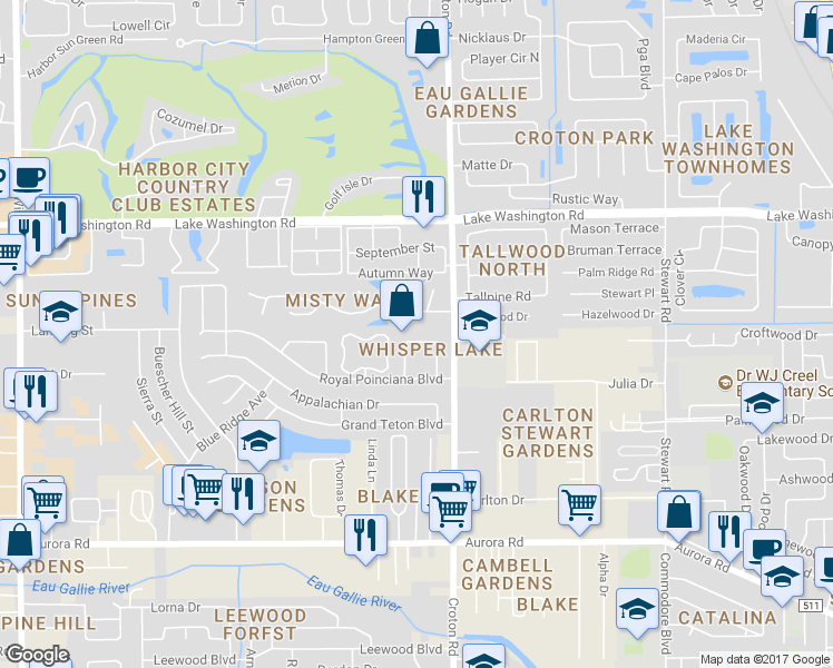 map of restaurants, bars, coffee shops, grocery stores, and more near 2245 Myla Lane in Melbourne