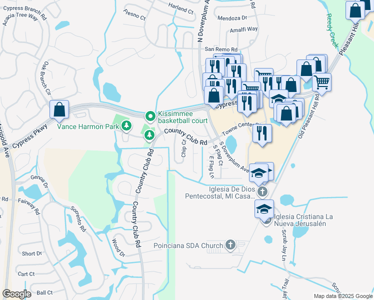 map of restaurants, bars, coffee shops, grocery stores, and more near 42 Chip Court in Kissimmee