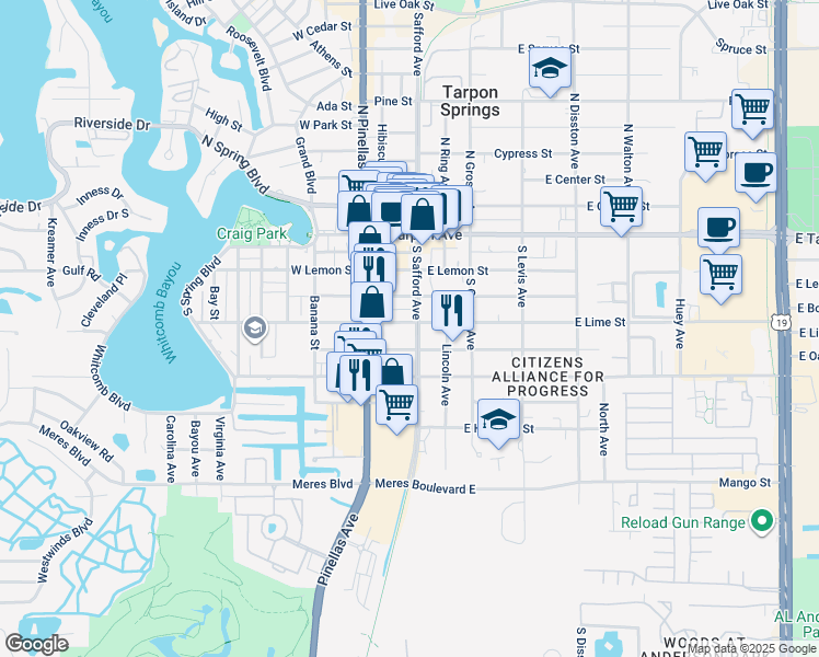 map of restaurants, bars, coffee shops, grocery stores, and more near 132 East Lime Street in Tarpon Springs