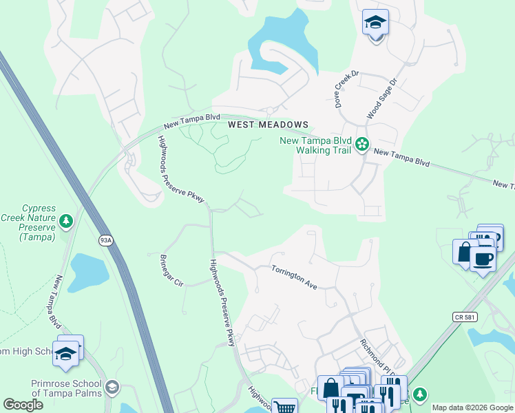 map of restaurants, bars, coffee shops, grocery stores, and more near 8129 Stone Path Way in Tampa