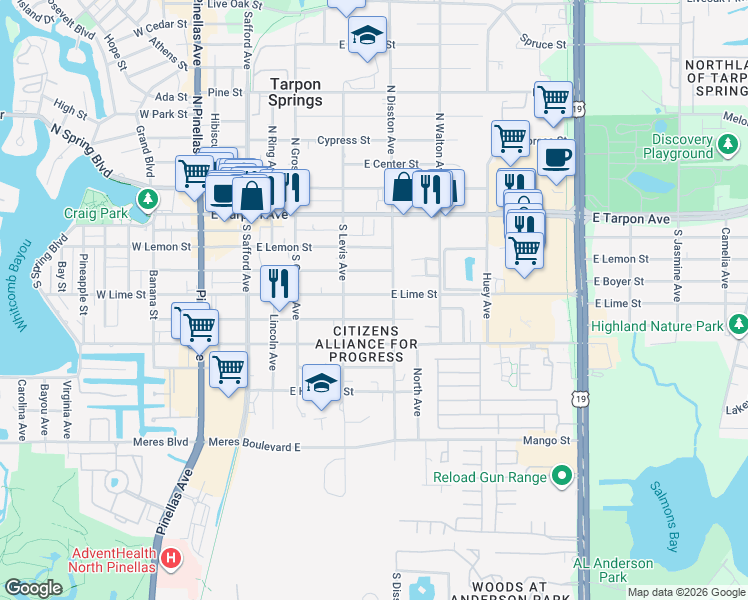 map of restaurants, bars, coffee shops, grocery stores, and more near 524 East Lime Street in Tarpon Springs