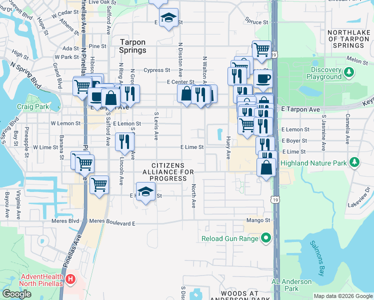 map of restaurants, bars, coffee shops, grocery stores, and more near 606 East Lime Street in Tarpon Springs