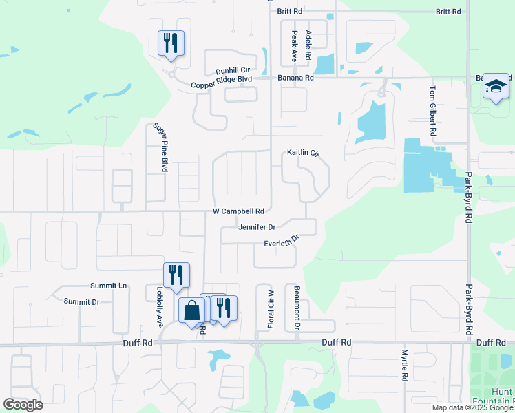 map of restaurants, bars, coffee shops, grocery stores, and more near 2721 West Campbell Road in Lakeland