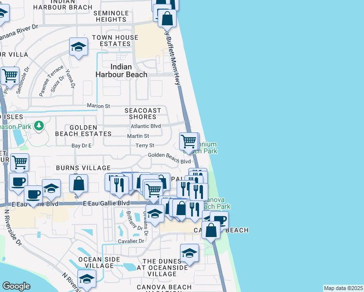 map of restaurants, bars, coffee shops, grocery stores, and more near 2186 Florida A1A in Indian Harbour Beach