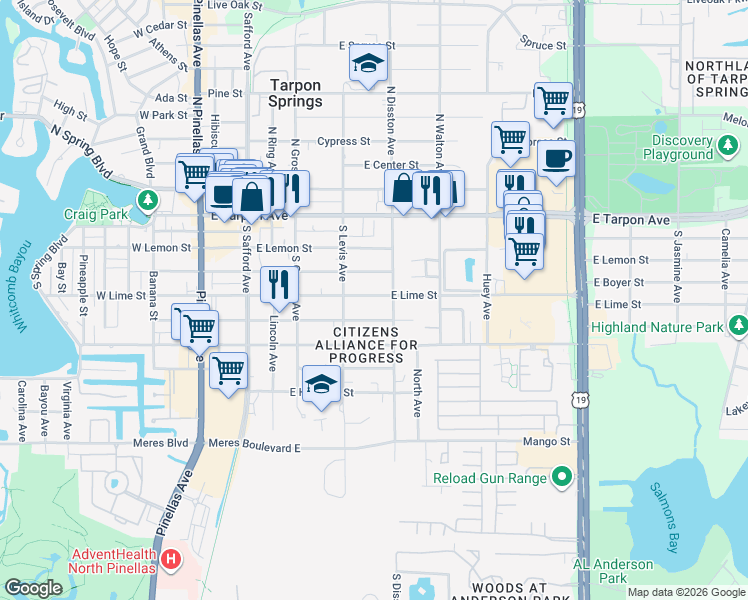 map of restaurants, bars, coffee shops, grocery stores, and more near 524 East Lime Street in Tarpon Springs