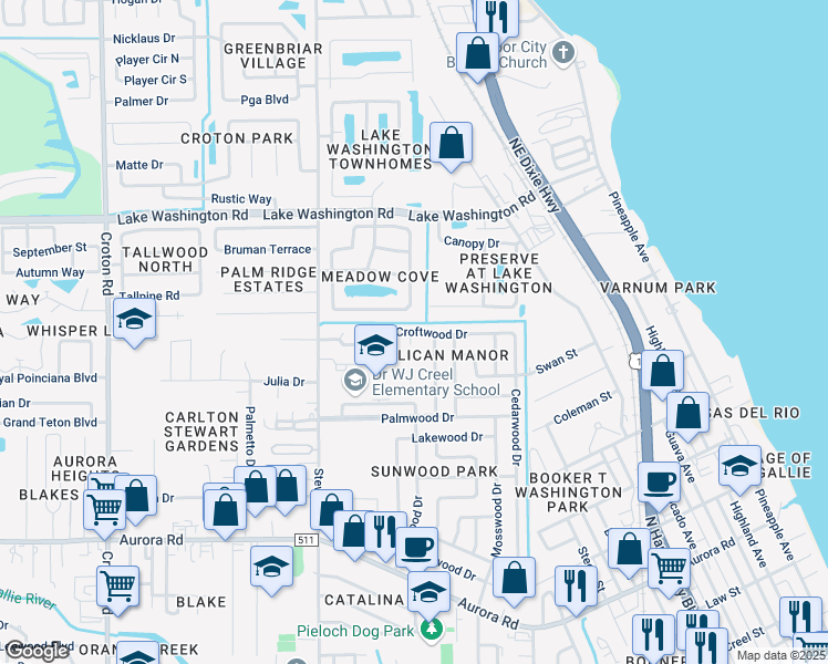 map of restaurants, bars, coffee shops, grocery stores, and more near 1377 Croftwood Drive in Melbourne