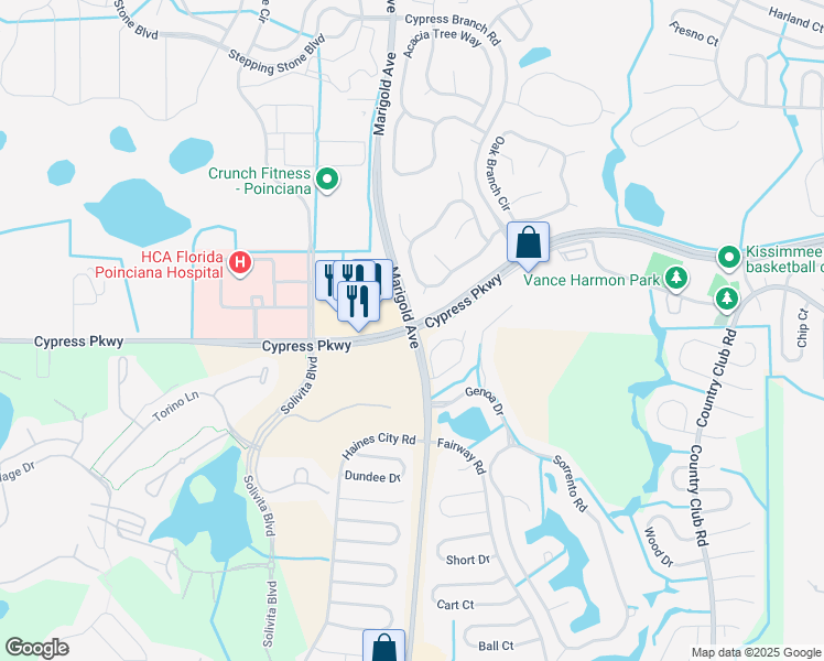map of restaurants, bars, coffee shops, grocery stores, and more near Marigold Ave & Cypress Pkwy in Kissimmee