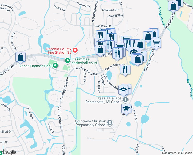 map of restaurants, bars, coffee shops, grocery stores, and more near 6 South Flag Court in Kissimmee