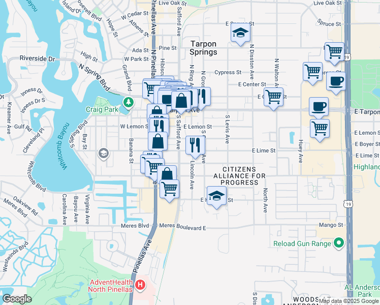 map of restaurants, bars, coffee shops, grocery stores, and more near 404 Lincoln Avenue in Tarpon Springs