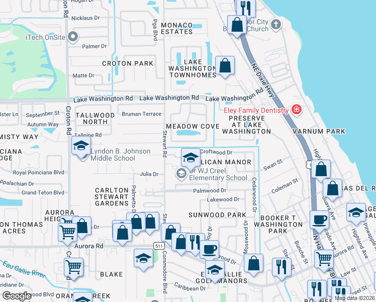 map of restaurants, bars, coffee shops, grocery stores, and more near 1444 Croftwood Drive in Melbourne