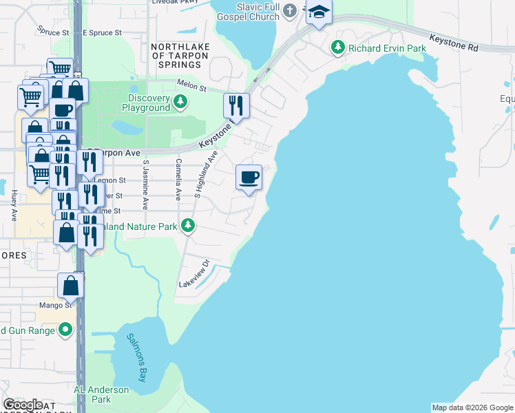 map of restaurants, bars, coffee shops, grocery stores, and more near 303 Lakeview Drive in Tarpon Springs