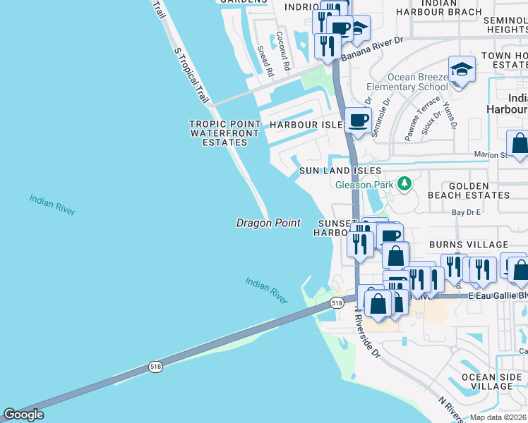 map of restaurants, bars, coffee shops, grocery stores, and more near 11680 Dragon Point Drive in Merritt Island