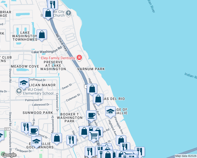 map of restaurants, bars, coffee shops, grocery stores, and more near 2221 Pineapple Avenue in Melbourne