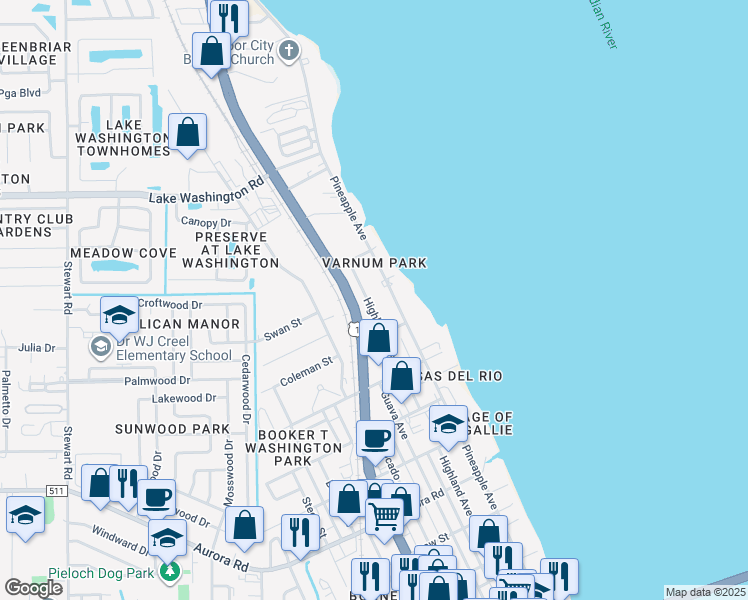 map of restaurants, bars, coffee shops, grocery stores, and more near 2213 Highland Avenue in Melbourne