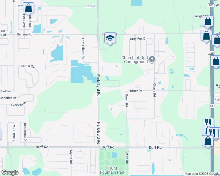 map of restaurants, bars, coffee shops, grocery stores, and more near 7925 Park-Byrd Road in Lakeland