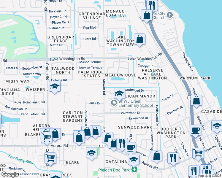 map of restaurants, bars, coffee shops, grocery stores, and more near 1544 Croftwood Drive in Melbourne