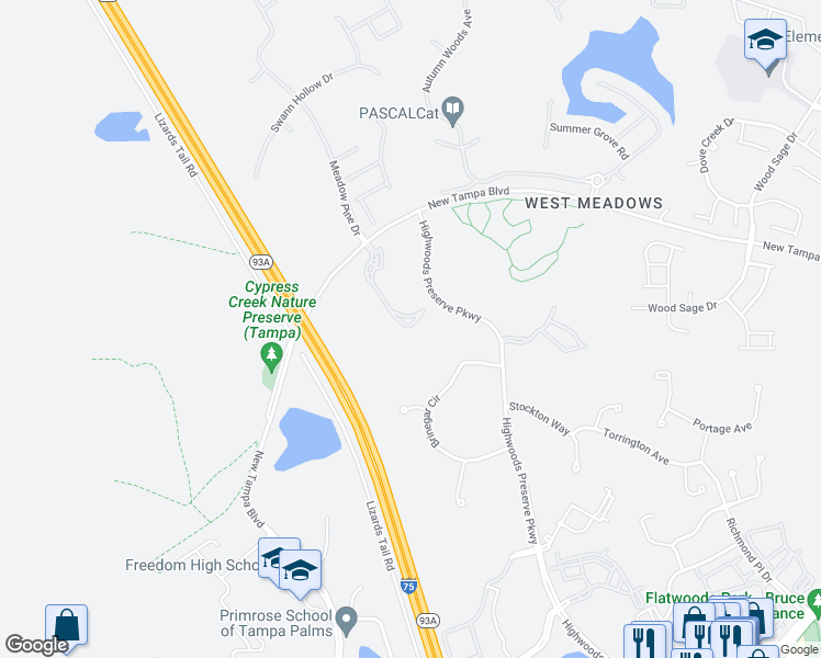 map of restaurants, bars, coffee shops, grocery stores, and more near 18832 Duquesne Dr in Tampa