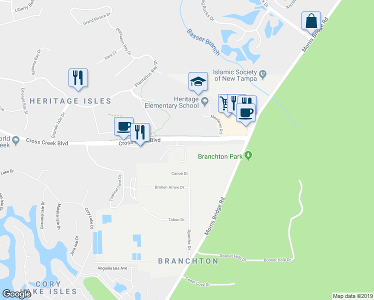 map of restaurants, bars, coffee shops, grocery stores, and more near 18025 Melibee Stone Street in Tampa