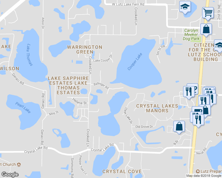 map of restaurants, bars, coffee shops, grocery stores, and more near 1299 Ballinger Road in Lutz