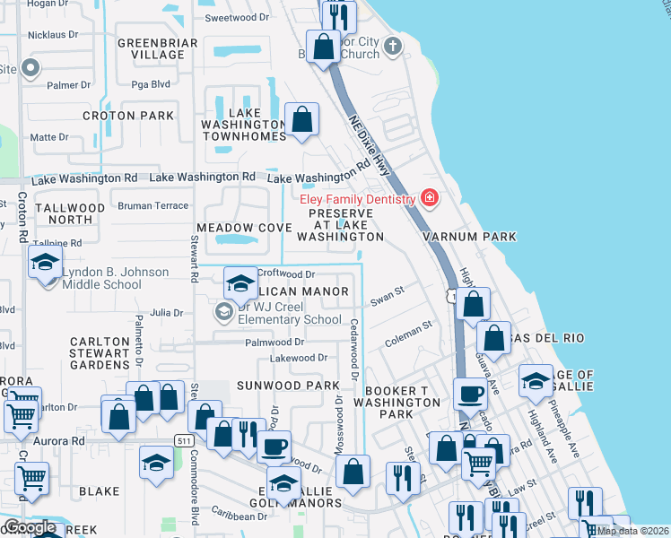 map of restaurants, bars, coffee shops, grocery stores, and more near 1252 Croftwood Drive in Melbourne