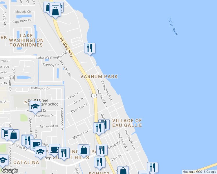 map of restaurants, bars, coffee shops, grocery stores, and more near 2221 Pineapple Avenue in Melbourne