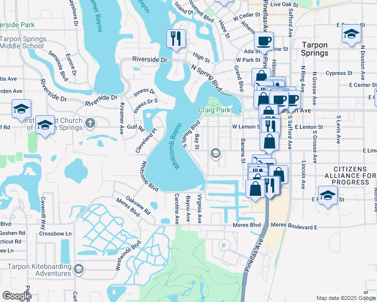 map of restaurants, bars, coffee shops, grocery stores, and more near 317 South Spring Boulevard in Tarpon Springs