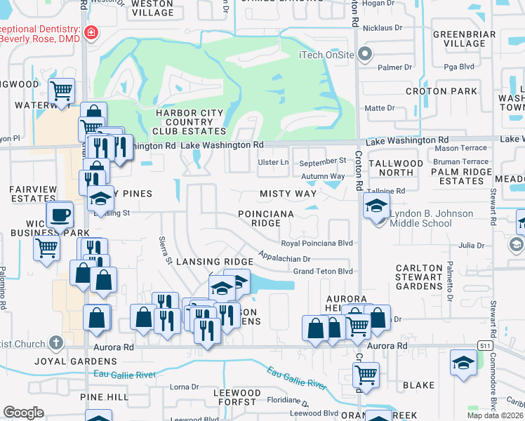 map of restaurants, bars, coffee shops, grocery stores, and more near 2121 Santa Lucia Circle in Melbourne