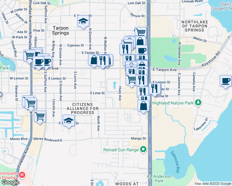 map of restaurants, bars, coffee shops, grocery stores, and more near East Lime Street in Tarpon Springs