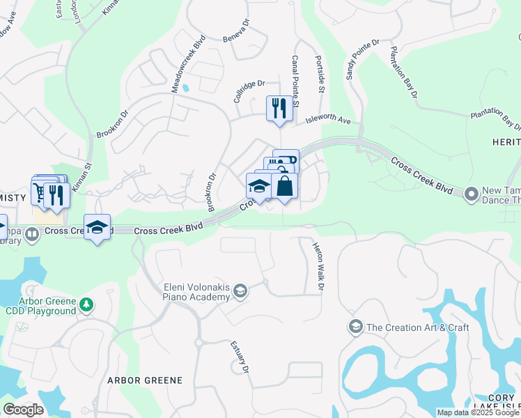 map of restaurants, bars, coffee shops, grocery stores, and more near 10301 Cross Creek Boulevard in Tampa