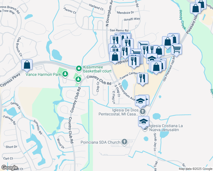 map of restaurants, bars, coffee shops, grocery stores, and more near 6 South Flag Court in Kissimmee
