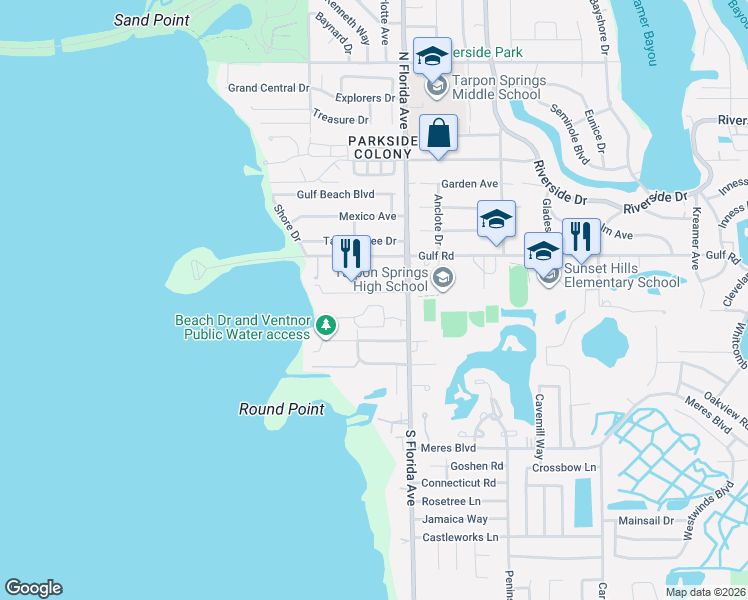 map of restaurants, bars, coffee shops, grocery stores, and more near 1439 Coburn Drive in Tarpon Springs