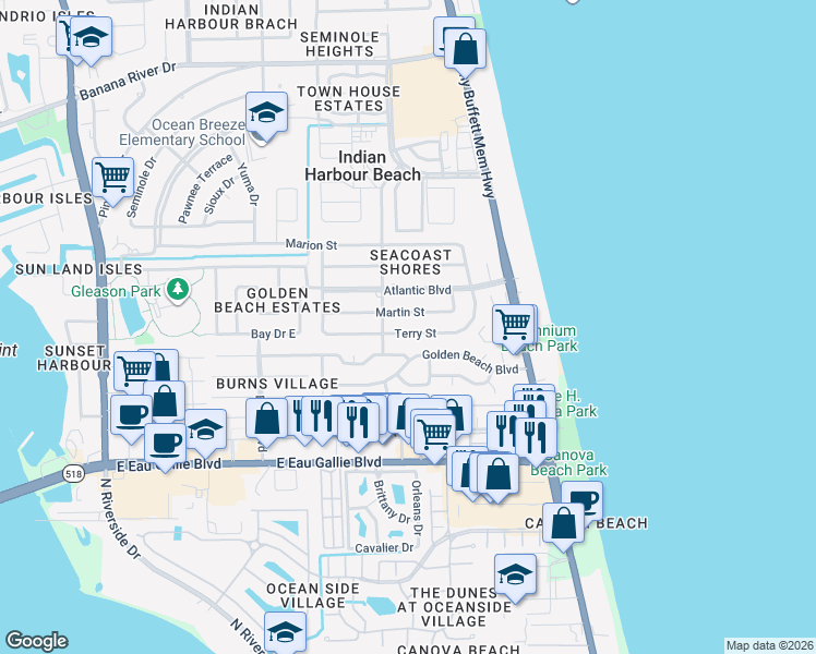 map of restaurants, bars, coffee shops, grocery stores, and more near 127 Terry Street in Satellite Beach