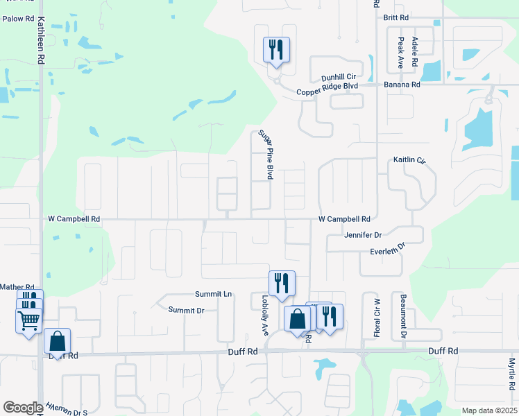 map of restaurants, bars, coffee shops, grocery stores, and more near 8040 Sugar Pine Boulevard in Lakeland