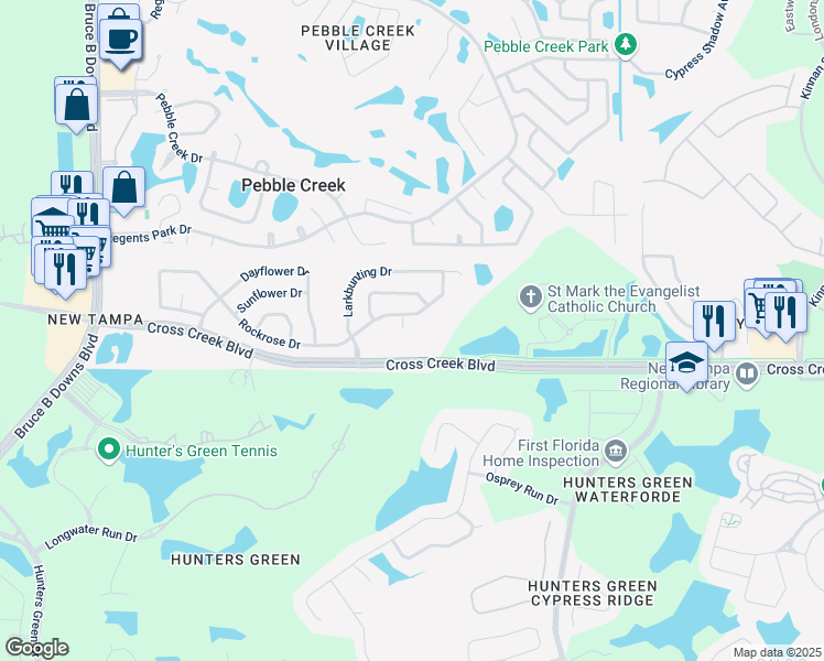 map of restaurants, bars, coffee shops, grocery stores, and more near 19001 White Owl Way in Tampa