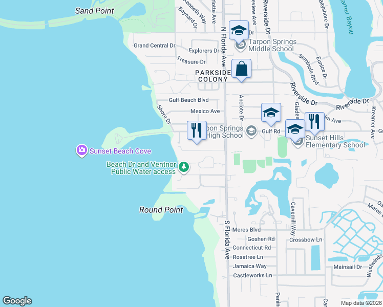 map of restaurants, bars, coffee shops, grocery stores, and more near 1455 Coburn Drive in Tarpon Springs